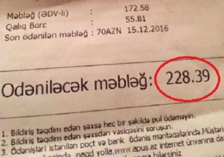 Bakıda sakinləri ŞOK-a salan qəbz: 220 manatlıq kommunal haqqı