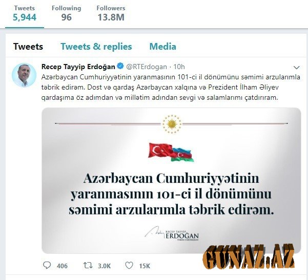 Ərdoğan Azərbaycan dilində təbrik ünvanladı