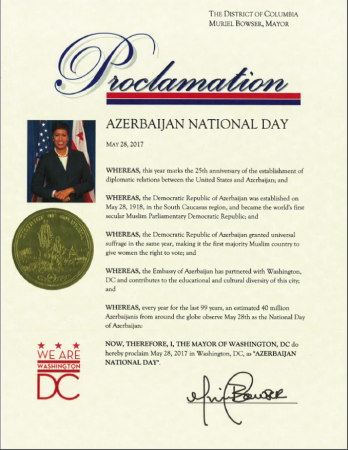 28 May Vaşinqtonda Azərbaycan Milli Günü elan edildi