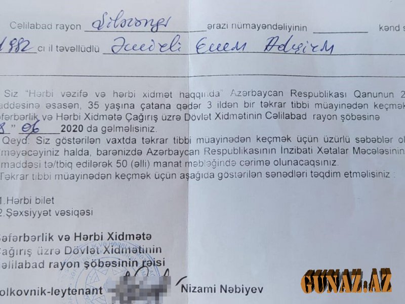 Əsgər getmiş şəxsə "poveska" gəldi: Getməsə, cərimələnəcək - FOTO
