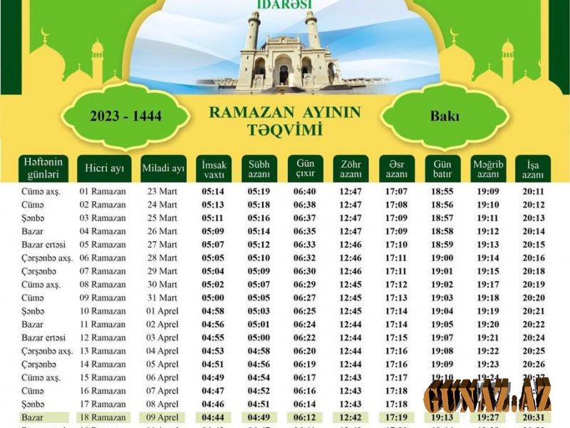 Ramazan ayının təqvimi açıqlandı